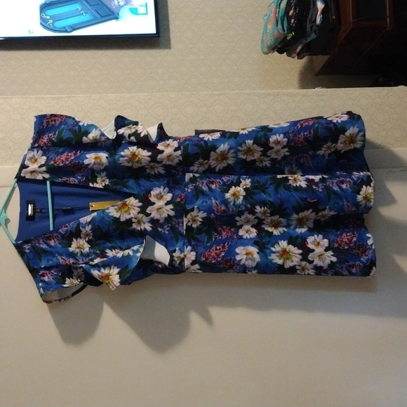 Alexia Admor Blue Floral Painted Daisy Ruffle Sleeve Wrap Dress 8 Some Damage - Picture 4 of 9